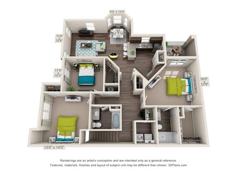 Floor plan for 3 beds, 2 baths, 1441 sqft